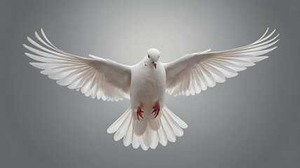 Obraz premium White Dove in Flight Wings Spread Wide Grey Background