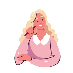 Thinking woman with long blonde hair in a pink blouse, holding pen and smiling, considering new idea. Cartoon doodle vector illustration of lady for web, education, or creative use.
