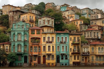 Obraz premium A cloudy daytime view of the hillside's densely populated historic homes. Generative Ai