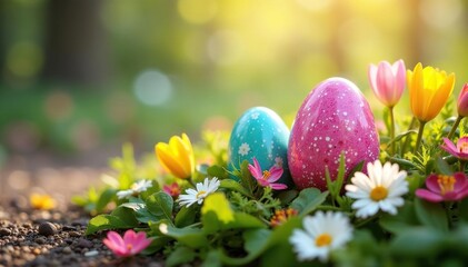Colorful Easter eggs hidden in spring flowers, festive celebration , holiday event, Easter eggs