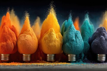 Colorful light bulbs exploding with powdered pigments