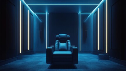 Modern, glowing interior space with a solitary chair.