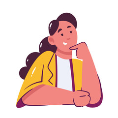 Thinking woman with dark, wearing yellow jacket and white shirt, smiling and touching her chin. Cartoon doodle vector illustration of lady for websites, office, education, or creative projects.