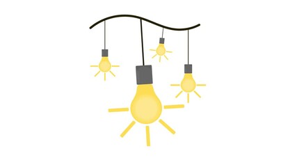 chandelier on white background. decorative lamp. some light bulbs. light bulb. the light bulb turns on. idea lamp. yellow light. flat style. glowing lights. simple animation, motion graphics.
