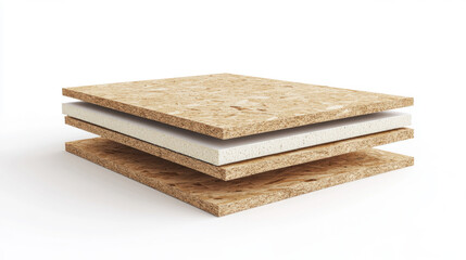 A cross-section of a SIP panel, The illustration is detailed, with annotations, and placed on a neutral white background. Isolated on pure white. 3d illustration.