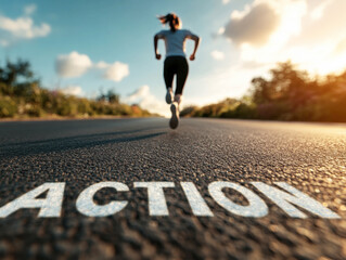 Runner in action on a road during sunset with motivational markings