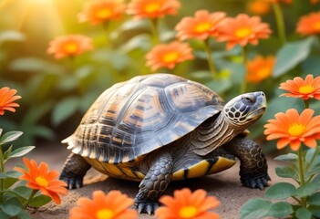 Obraz premium AI Generated Turtle with Intricate Patterned Shell in Orange Flower Garden with Lush Greenery and Warm Golden Sunlight – Peaceful Nature Scene