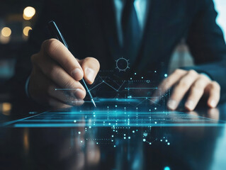 Business professional creating digital content with stylus in modern workspace