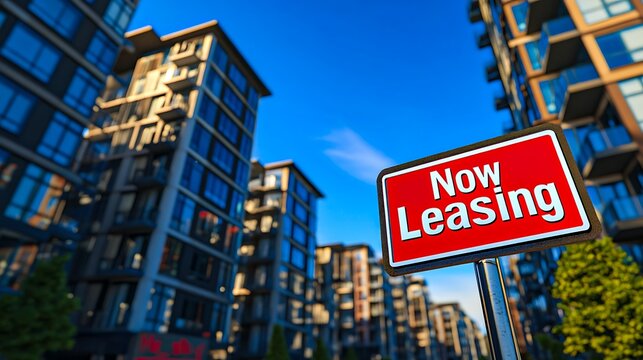"Modern High-Rise Buildings with 'Now Leasing' Stop Sign Under Clear Blue Sky"