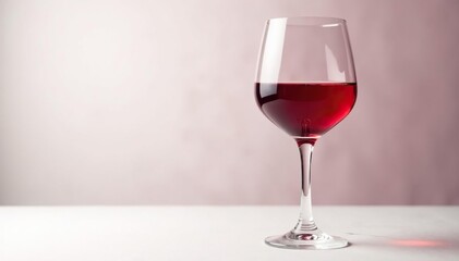 Single glass of ruby red wine on bright white backdrop , color, macro, wine glass