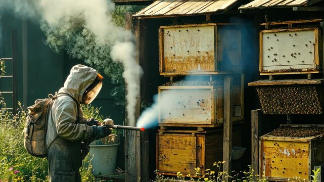 Beekeeper gently tending hives amidst swirling smoke in lush garden