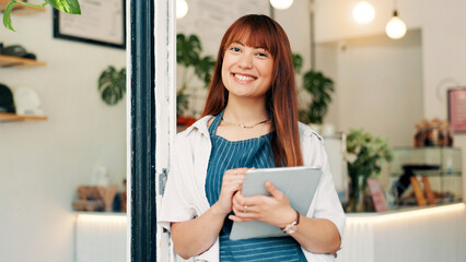 Barista, tablet and portrait of woman in cafe for research, digital inventory or restaurant supply checklist. Waitress, catering review and small business owner with person in coffee shop for menu