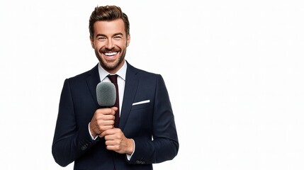 Confident News Anchor in Suit Holding Microphone on White Background
