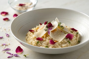 Creamy risotto with flower petals and cheese is presented in an elegant white bowl.