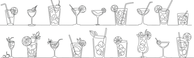 Alcohol drinks in continuous one line drawing . Alcoholic beverages glasses, shots of strongest liquors and chill whiskey, from classic cocktails to craft beer, isolated vector illustration set