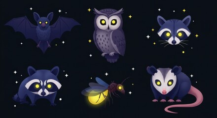 Cute cartoon night animals with glowing eyes on a dark background.
