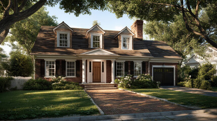 Beautiful two-story house with a classic design surrounded by greenery during the day