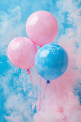 Colorful pink and light blue balloons in pastel colors on a light blue background with pink and light blue clouds. Creative image for advertising and design with space for text.