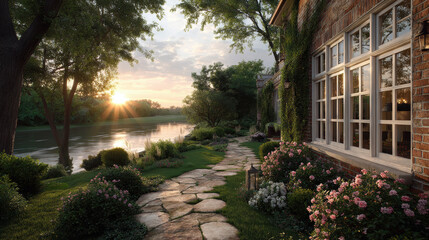 Obraz premium Beautiful riverfront garden at sunset with blossoming flowers and peaceful waterside view