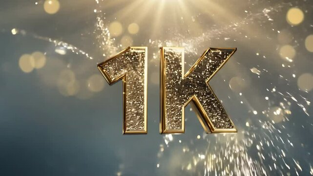 Golden 1k symbol celebrating one thousand followers or subscribers with sparks and bokeh effect