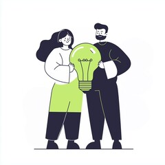 Creative couple holding a large green light bulb symbolizing innovation and ideas