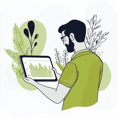 Man analyzing data on tablet surrounded by plants in a minimalistic workspace
