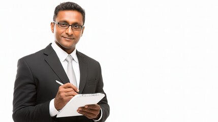 Confident Indian Businessman Holding Pen and Notepad Smiling