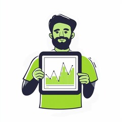 Man holding digital chart with green growth indicators in modern illustration style