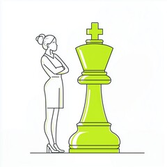 Woman stands confidently beside a large green chess king in a minimalistic design