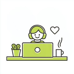 Person enjoying work at a desk with headphones, a plant, and a coffee cup