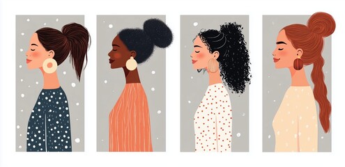 Women with different hairstyles showcasing beauty and diversity against a snowy background