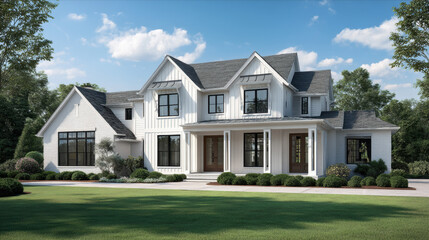 Obraz premium Modern farmhouse exterior design showcasing a bright and inviting architectural style in a sunny suburban setting