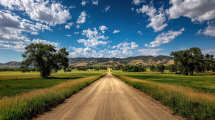 Dusty road leads through green fields and mountains under a blue sky with fluffy clouds during midday light