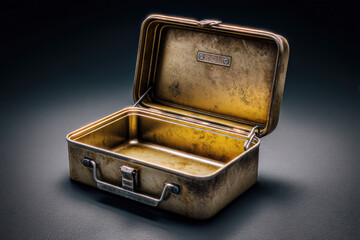 Vintage metal lunch box with a weathered look showcasing its interior space and aged patina