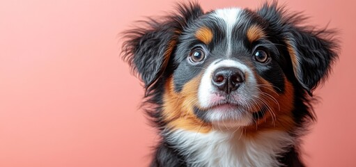 Adorable Australian Shepherd Puppy Portrait Against Pink Background
