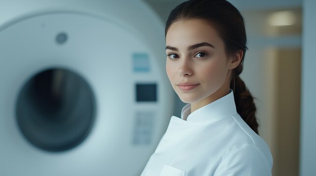 young woman, medical worker of tomography, realistic photographical illustration