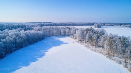 A winter wonderland panorama of frosted forests and fields.