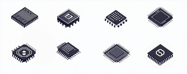 Collection of black and silver microchips arranged in a symmetrical layout on a light background