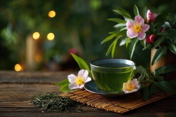 Cup of green tea with bamboo mat and flower petals