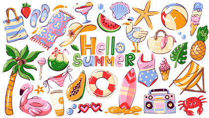 Summer sea beach vacation cartoon elements and stickers set. Funny sunglasses and cocktail, flamingo ring and swimsuit, ice cream. Summer holidays mascot, cartoon cute collection vector illustration