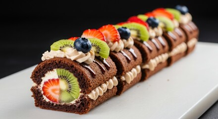 Dessert sushi roll made of cake and fruit arranged diagonally on white board