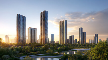 Obraz premium Tall skyscrapers rise into bright blue sky in city high resolution picture