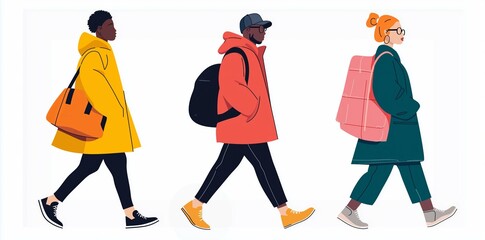 Group of diverse individuals walking casually in modern attire during daytime outdoor setting