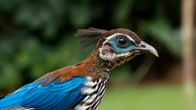 Detailed close-up of a male peacock pheasant with striking blue eye patch and iridescent feathers displaying natural beauty.