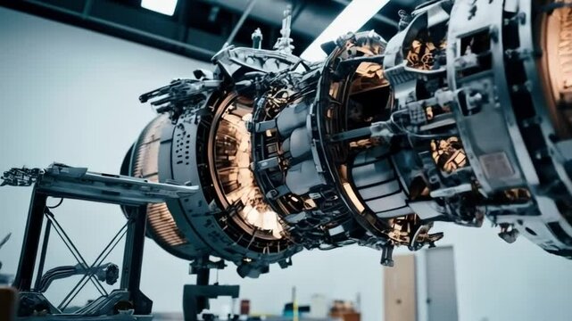 Close-up view of a powerful, intricate jet engine, its internal components glowing intensely.  The engine's complexity and the fiery glow of its core are captivating.