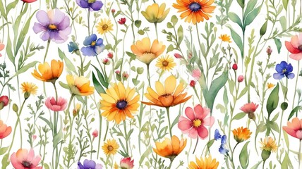 Fototapeta premium A Watercolor of a field of flowers with a white background.