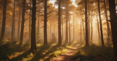 Obraz premium Sunlight streams through dense woodland, painting the trees in warm hues , woods, clouds, soil
