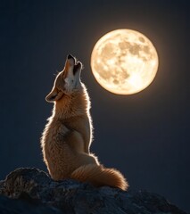 Howling fox under full moon nighttime landscape nature photography