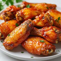 Saucy chicken wings, plated and garnished