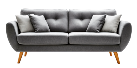 Modern gray fabric sofa with wooden legs and accent pillows isolated on white transparent background